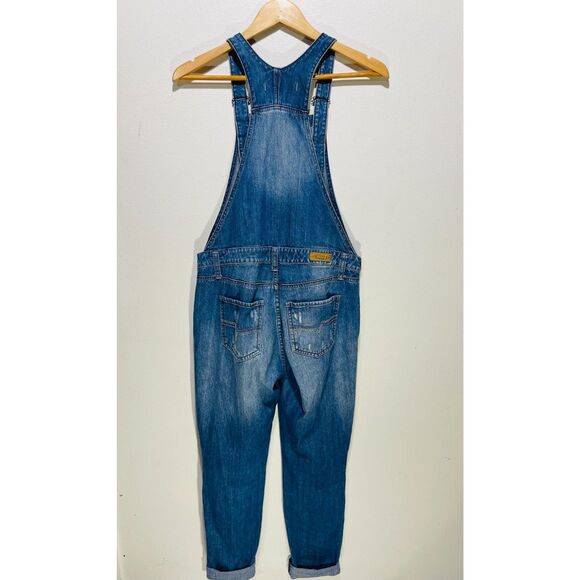 PacifiKa denim overalls romper jeans button fly pockets patched blue women's M - Picture 2 of 8